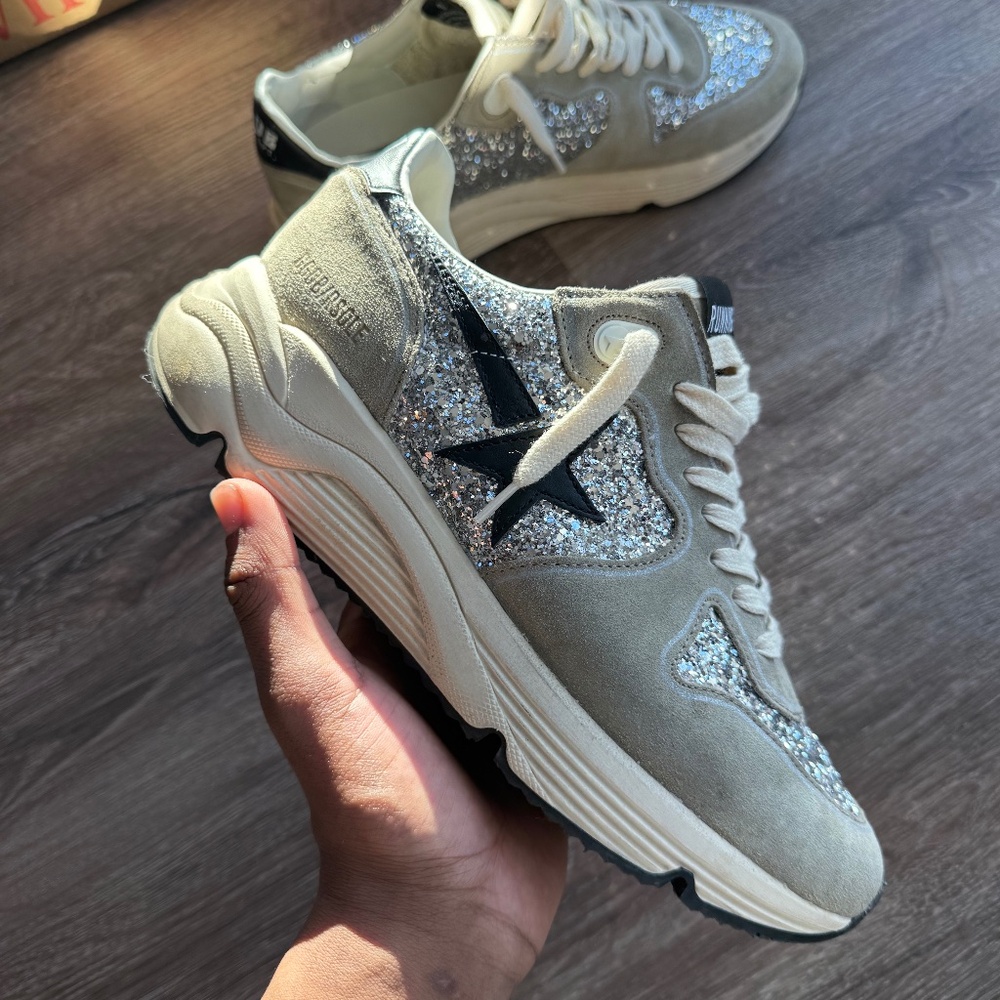 Golden Goose Beige and Silver Glitter Running Sole Sneakers